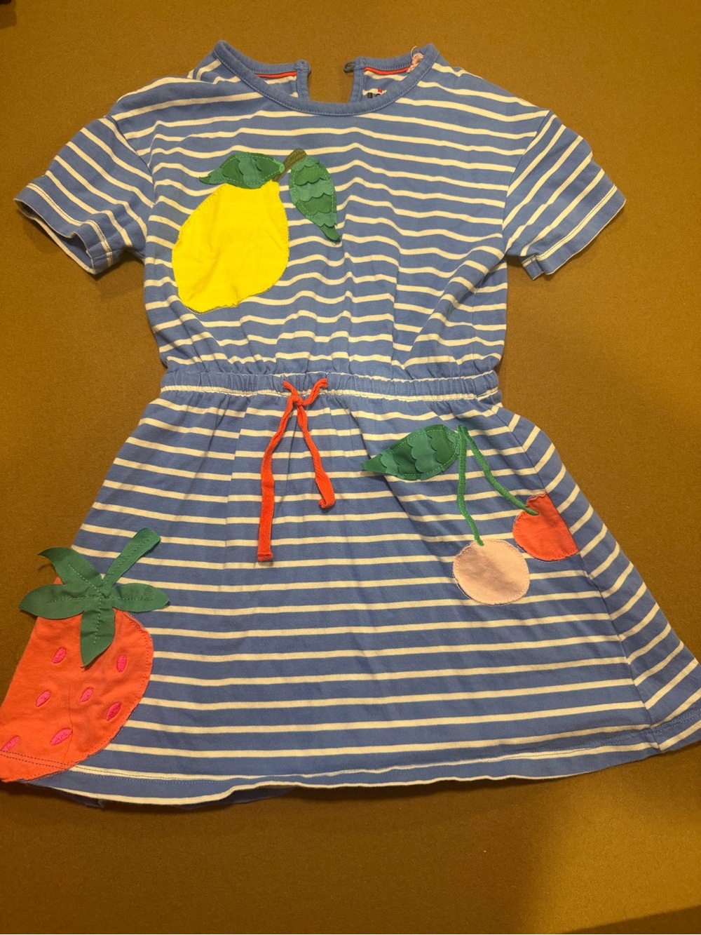 Boden Blue & White Striped Dress with Fruit Appliqués